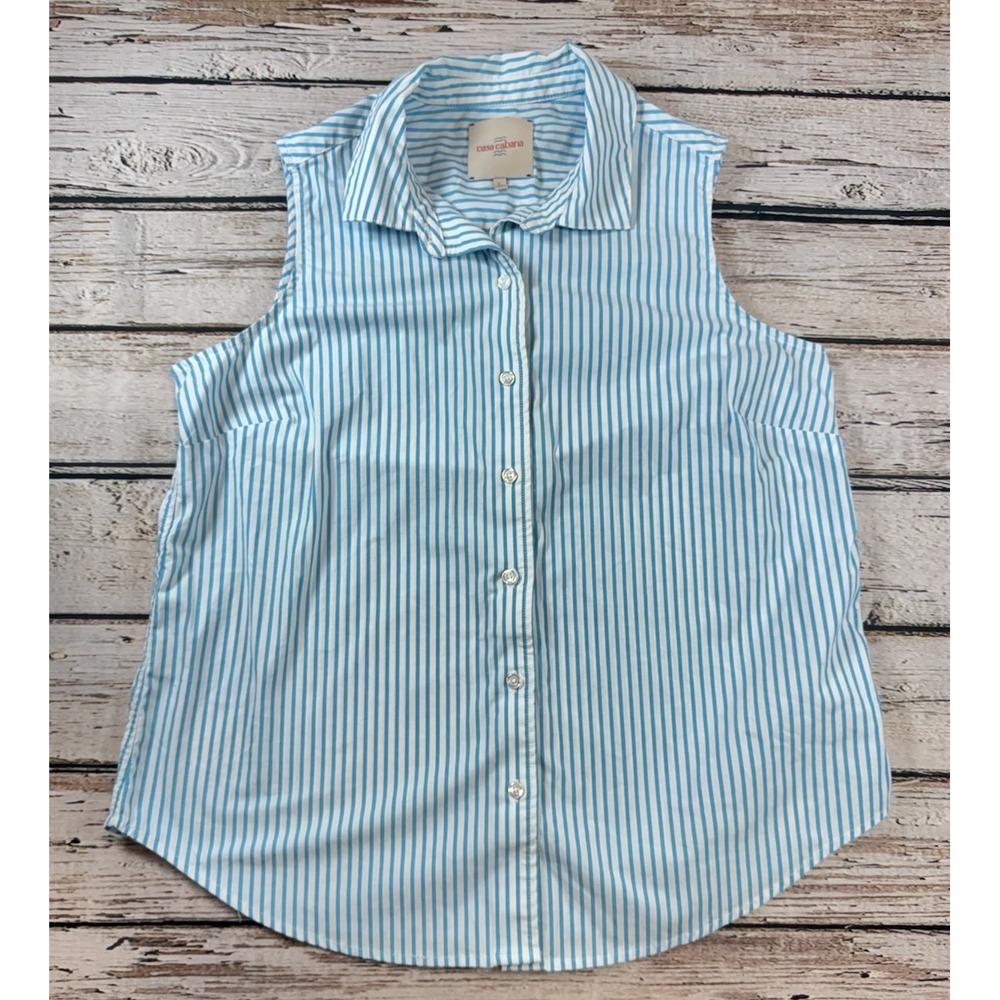 CASA CABANA Blue White Button Down Shirt‎ Size L Women Sleeveless Preppy Coastal